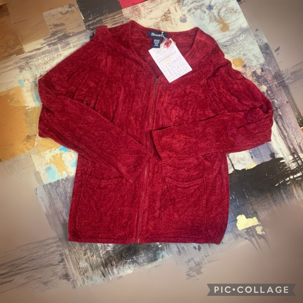 Denim & Co Red Full Zip Cardigan Pockets Size M